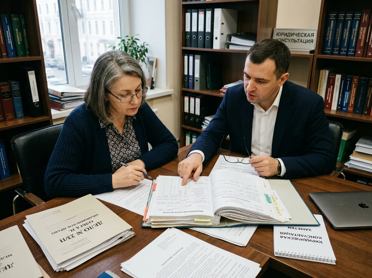 Пациент и медицинский юрист изучают документы и медицинскую карту за столом в юридической консультации