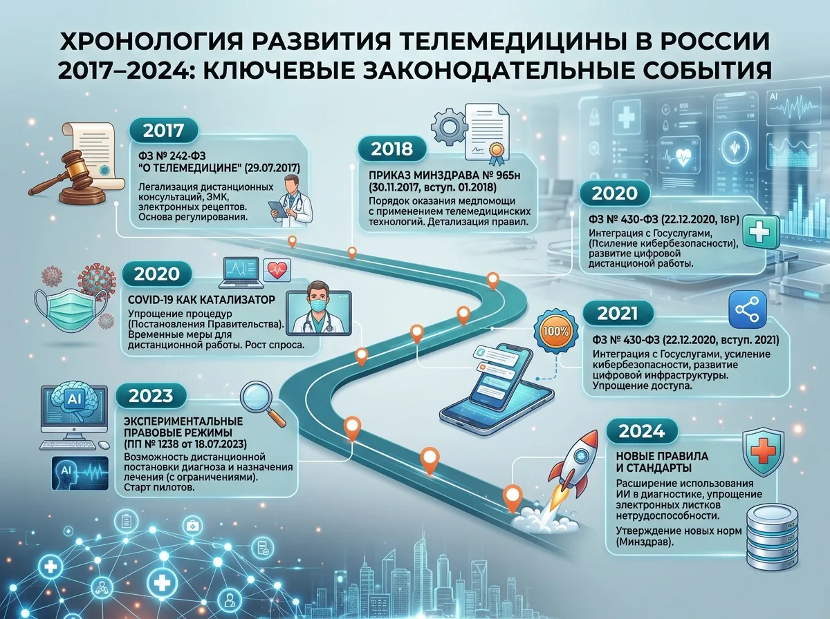 Хронология развития телемедицины в России — таймлайн с ключевыми законодательными событиями 2017–2024 годов