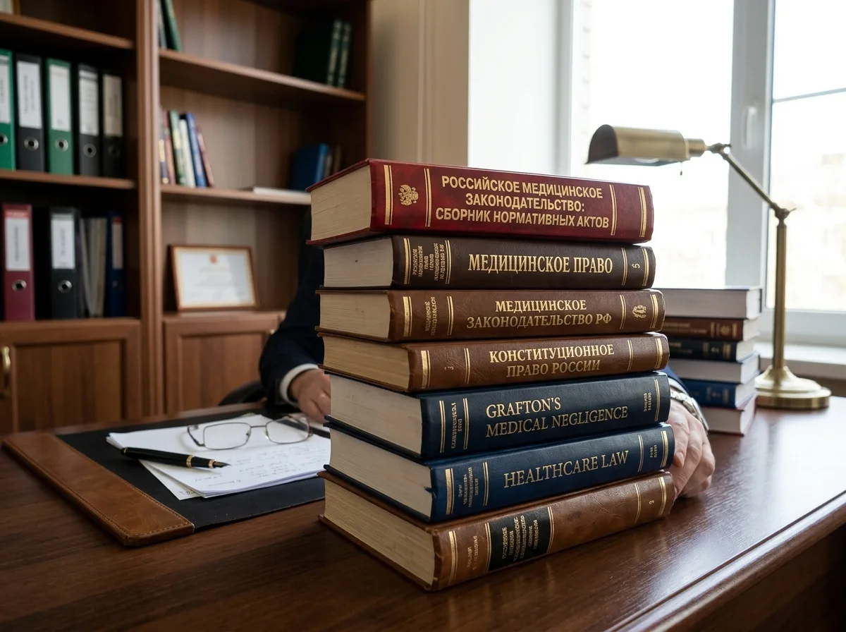 Стопка юридических книг и медицинского законодательства России на рабочем столе юриста